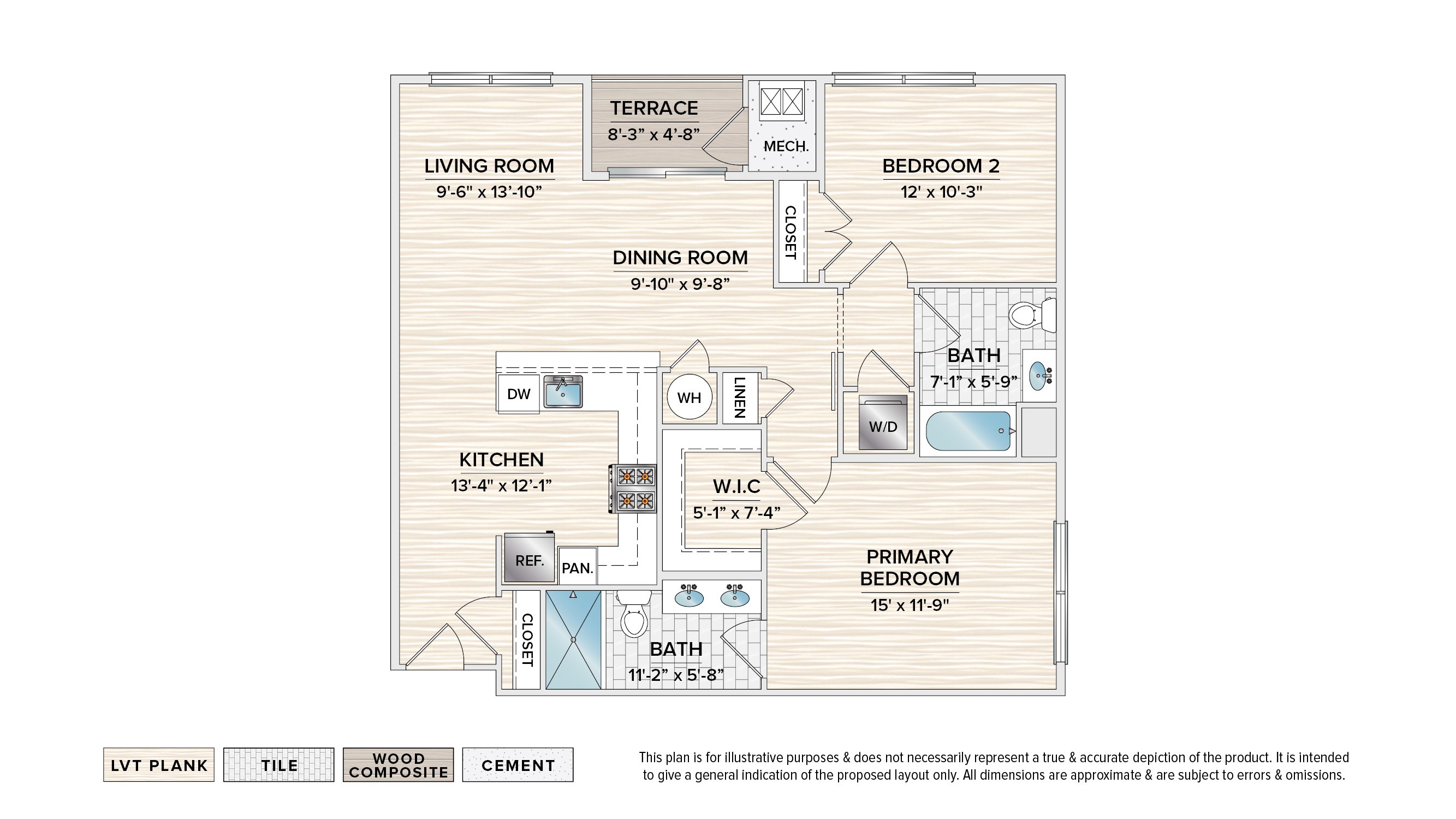 The Emerson elevator building apartment floor plan with 2 bedrooms, 2 baths and a terrace,,,,,,,,,,,